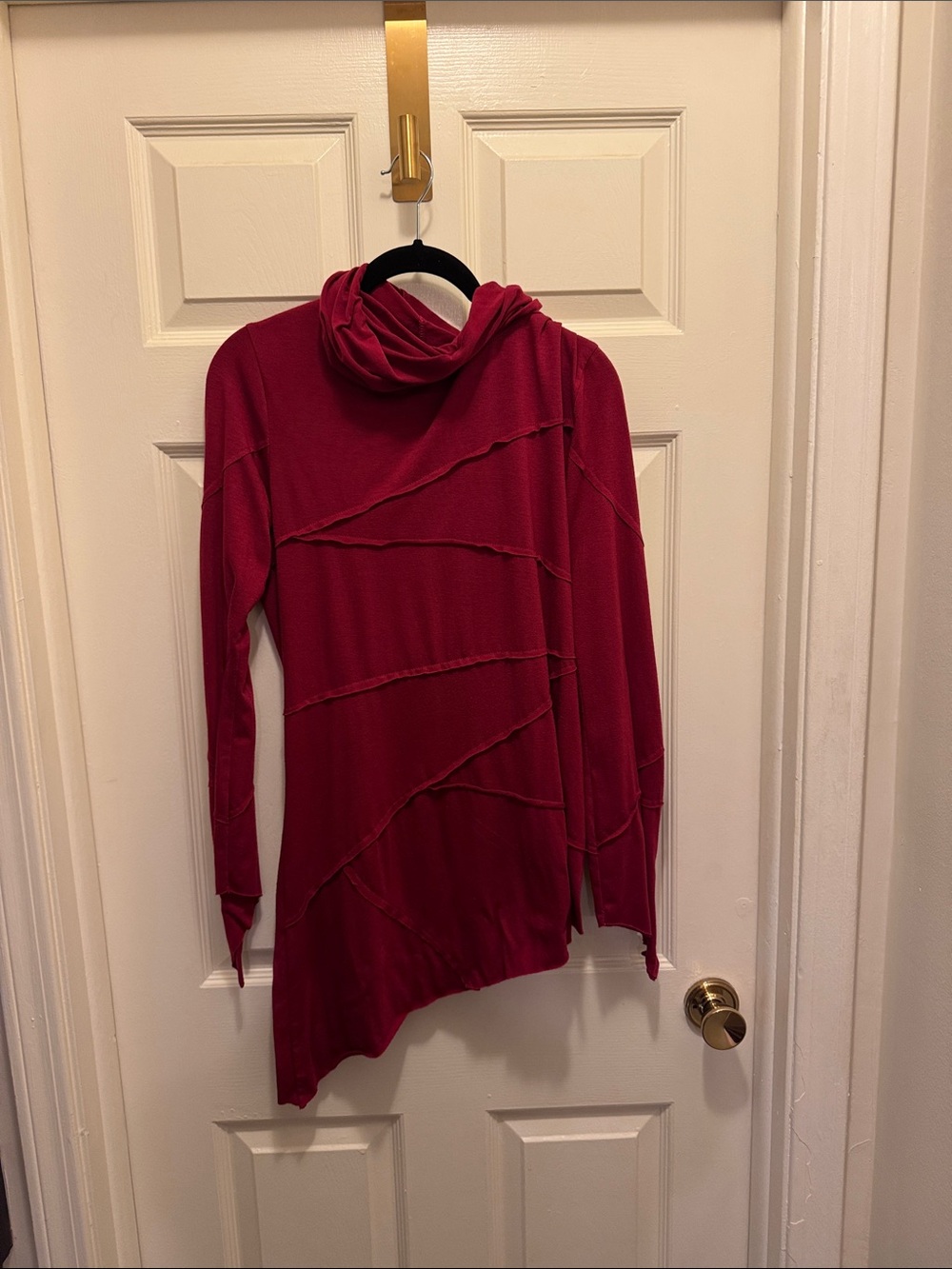 Asymmetrical Cowl Neck Sweater Tunic in Crimson Red
